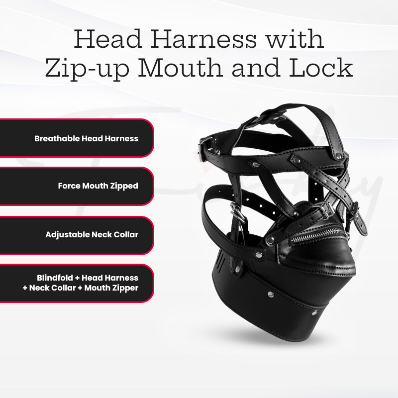SHOTS Ouch!  Head Harness with Zip-up Mouth and Lock - Black