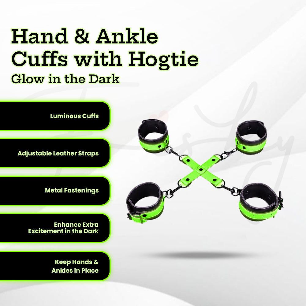 SHOTS Ouch! Hand and Ankle Cuffs with Hogtie - Glow in the Dark