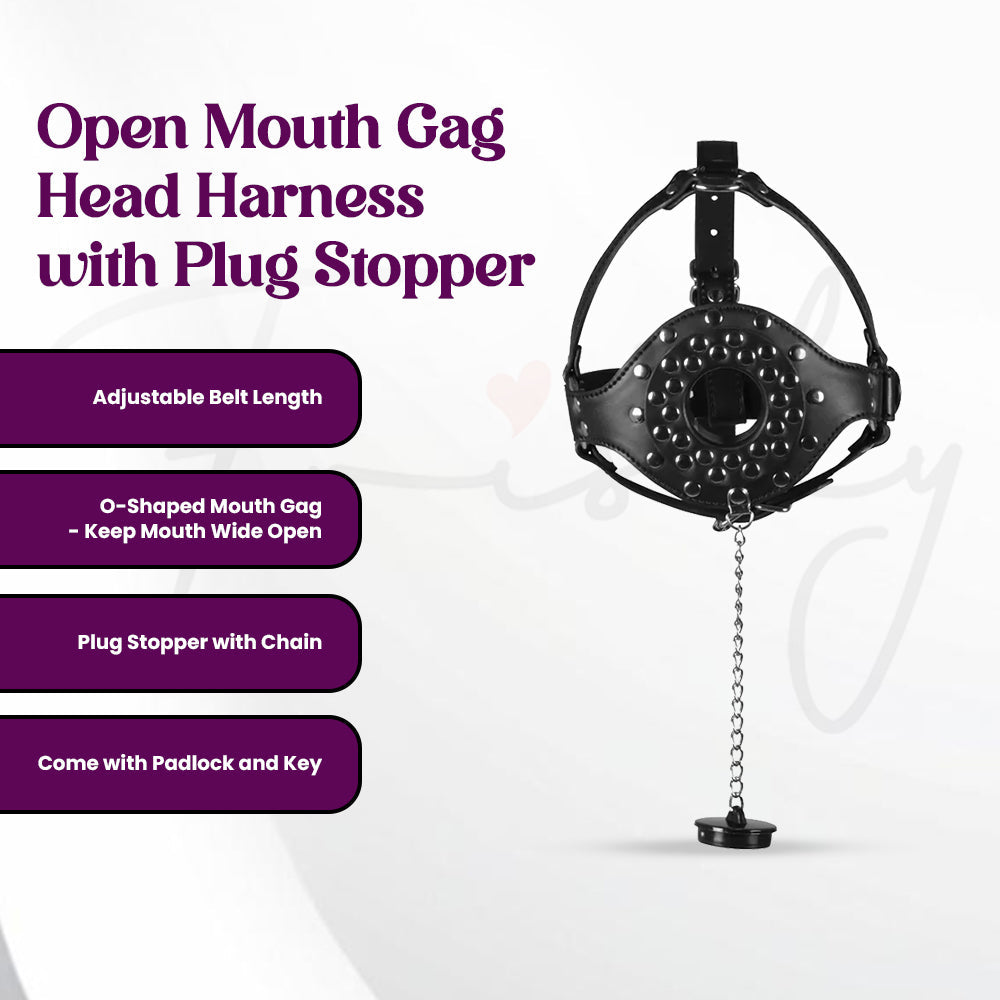 SHOTS Ouch! Open Mouth Gag Head Harness with Plug Stopper - Black