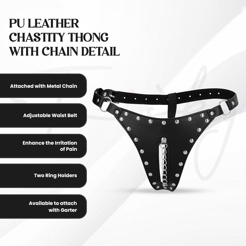 SHOTS Ouch! PU Leather Chastity Thong with Chain Detail