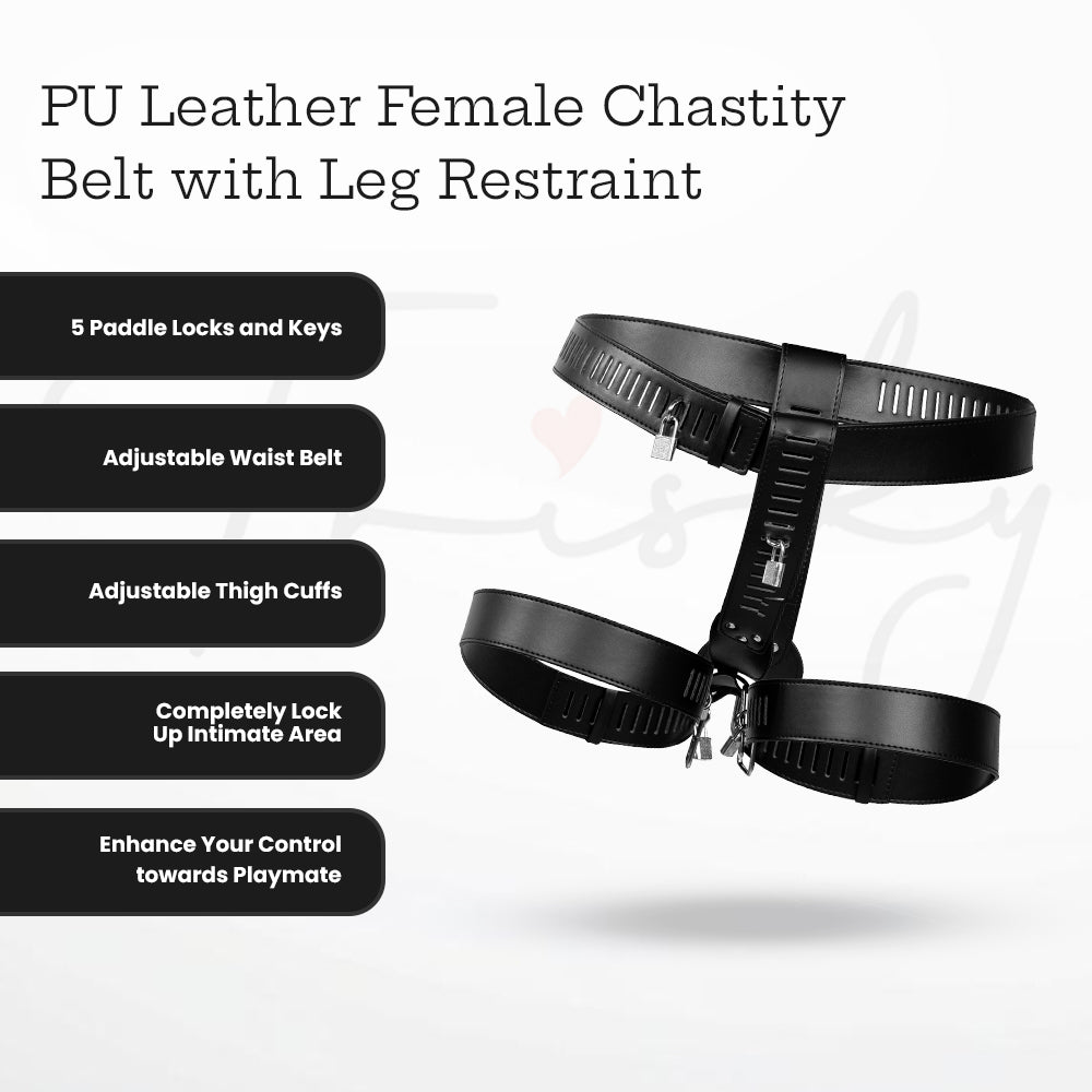 SHOTS Ouch! PU Leather Female Chastity Belt with Leg Restraint