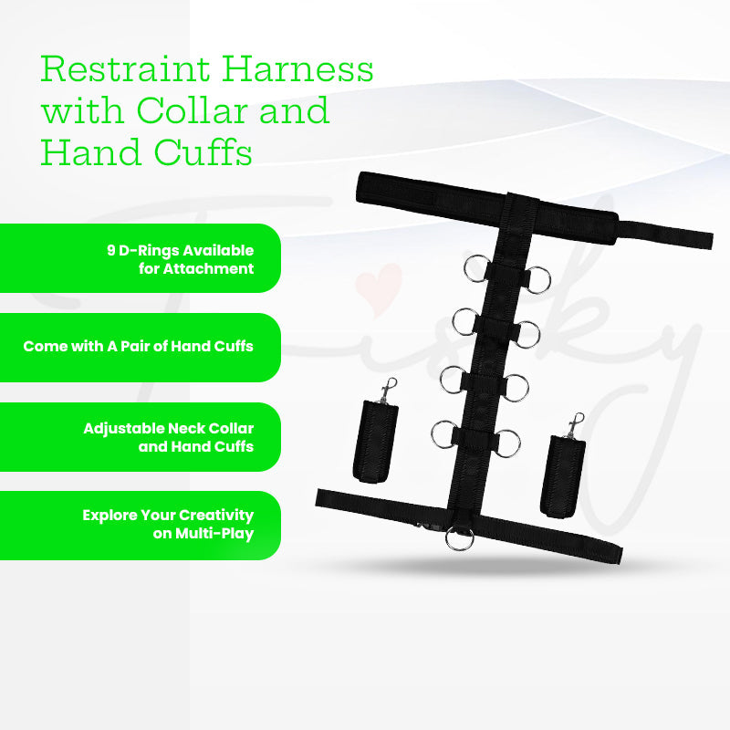 SHOTS Ouch! Restraint Harness with Collar and Hand Cuffs - Black