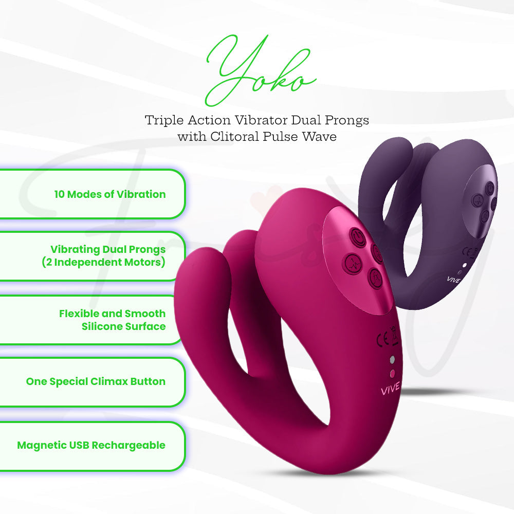 SHOTS - Yoko Triple Action Vibrator Dual Prongs with Clitoral Pulse Wave - Pink