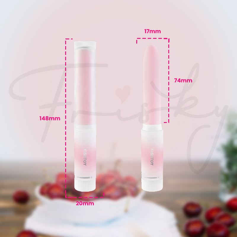 Pop Cherry vibrator shown upright with measurements, highlighting its slim and finger-like size.