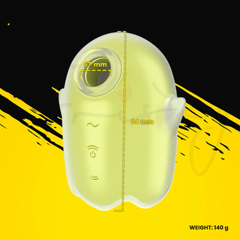 Satisfyer Glowing Ghost lay-on vibrator shown upright against a black and yellow background.
