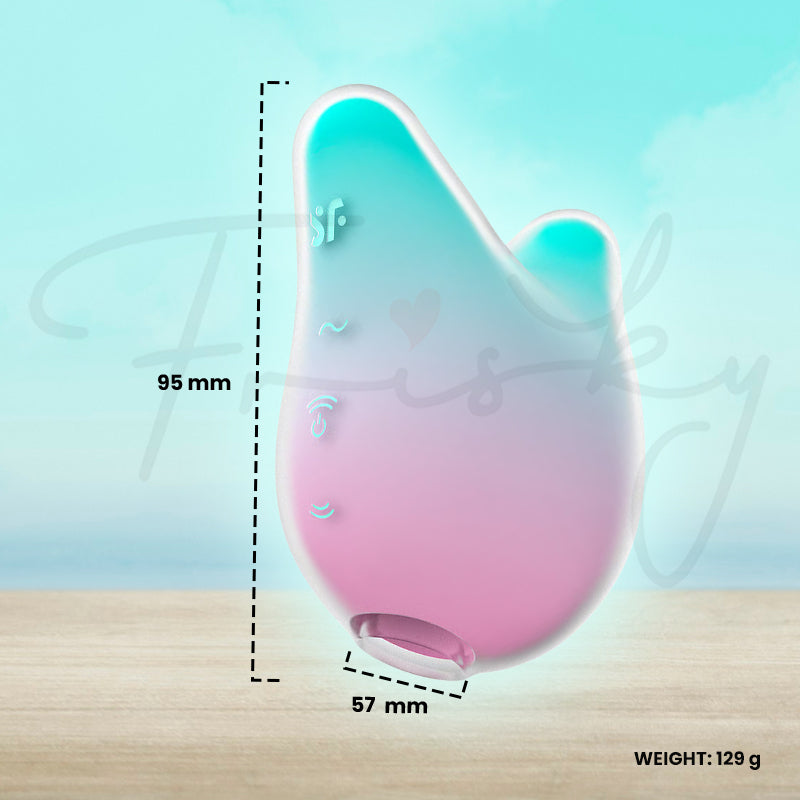 Illustrated dimensions of Mermaid Vibes pastel vibrator showing height and ergonomic shape.