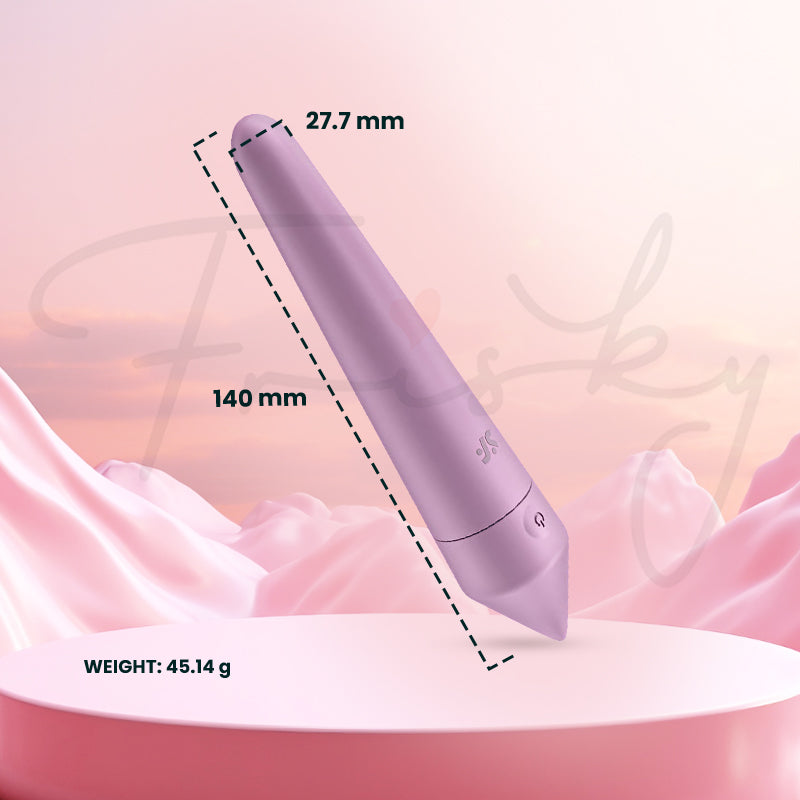 Close-up of lilac Satisfyer Bullet 8 showing compact dimensions for slim and easy handling.