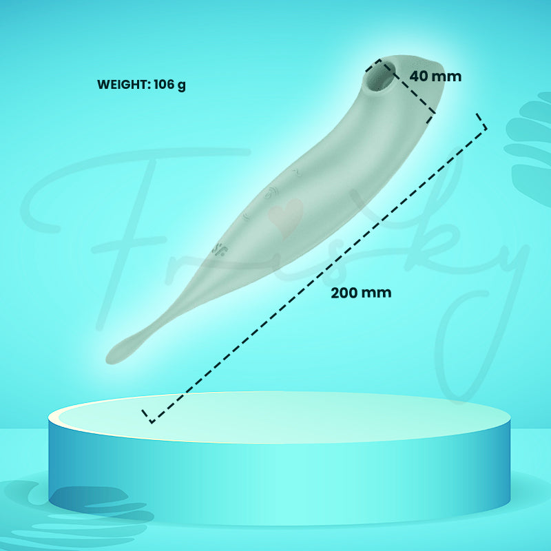 Close-up of Twirling Pro+ mint vibrator highlighting its measurement