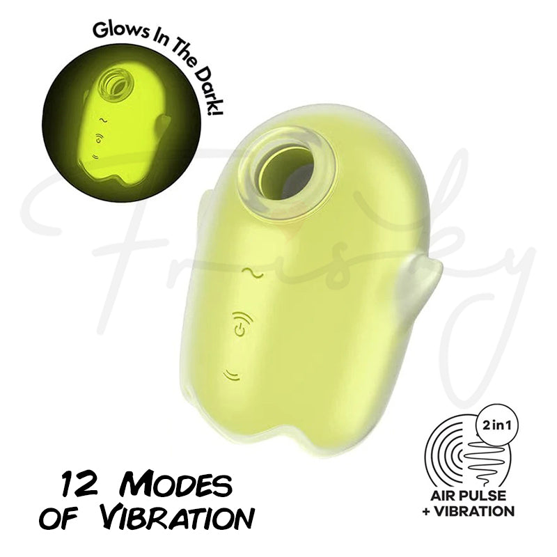 Graphic of Glowing Ghost vibrator emphasizing twelve vibration modes with glowing text overlay.