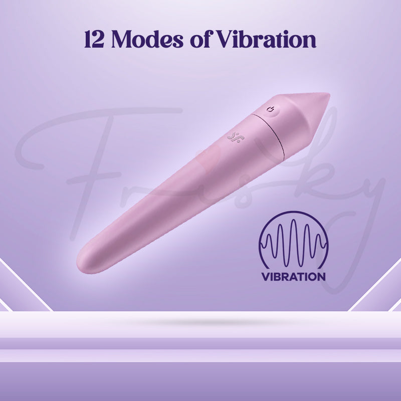 Satisfyer Bullet 8 in lilac shown angled, highlighting 12 different vibration modes for stimulation.