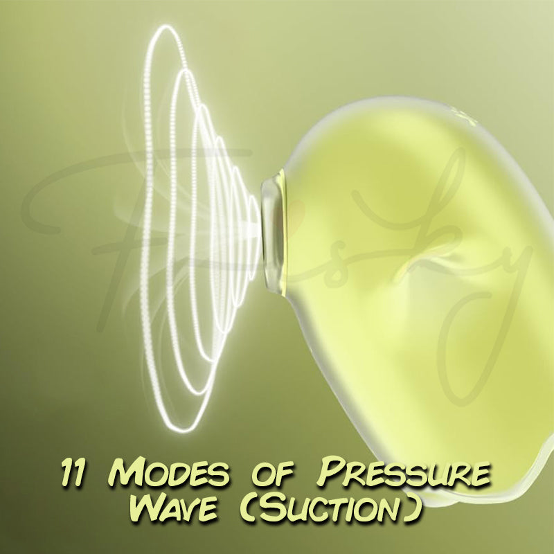Close-up of Glowing Ghost vibrator tip showing eleven pressure wave settings illustration.