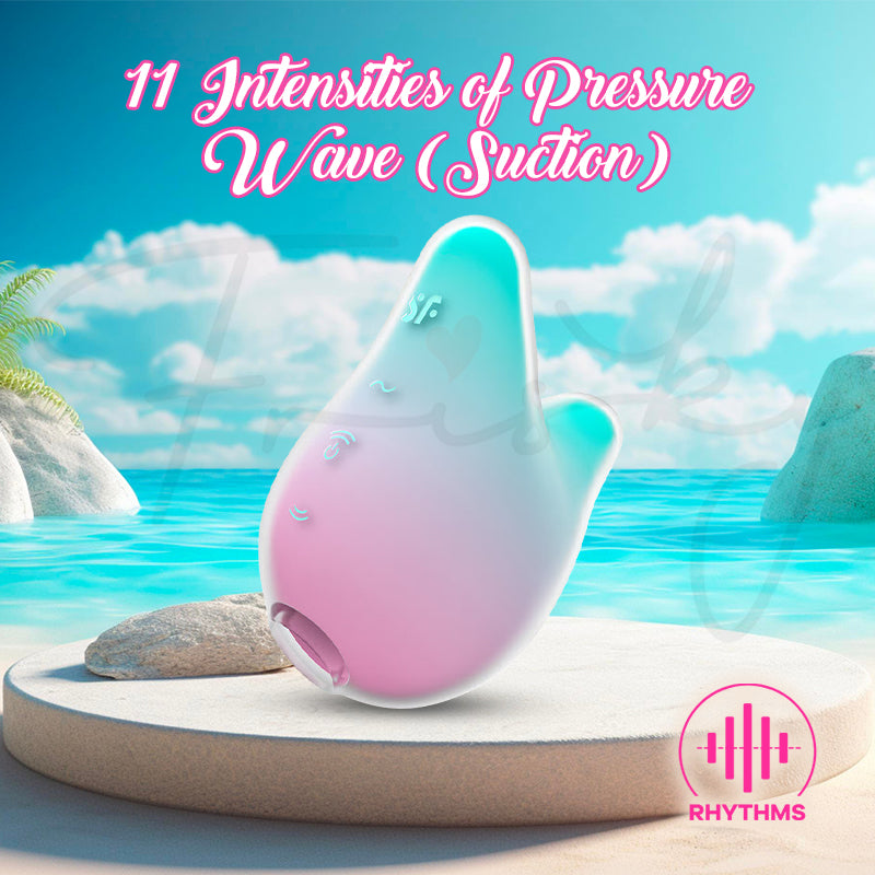 Mermaid Vibes pastel vibrator with overlay text highlighting eleven pressure wave intensities.