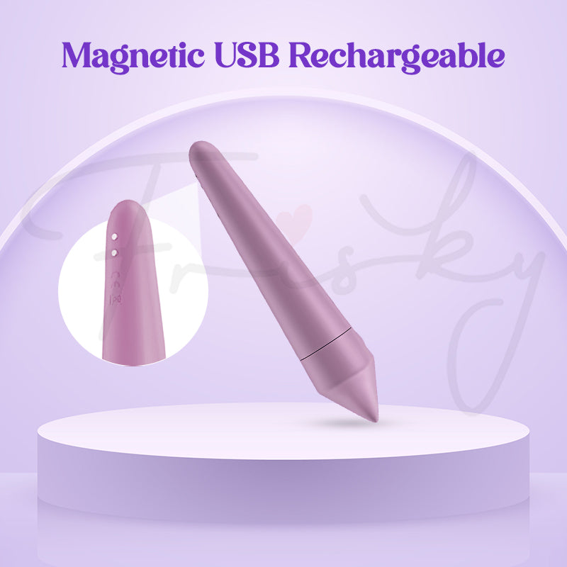 Lilac Satisfyer Bullet 8 with detachable magnetic USB charger displayed on a round podium.