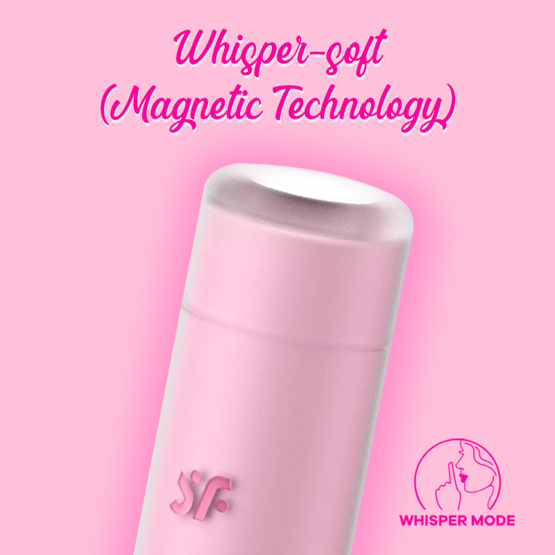 Close-up of Satisfyer First Kiss head with text emphasizing whisper-quiet magnetic technology.