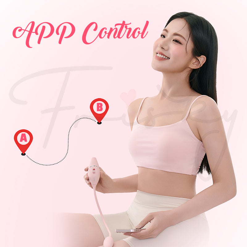 A woman using the smartphone app to remotely control the Cathy Mini device for intimate play.