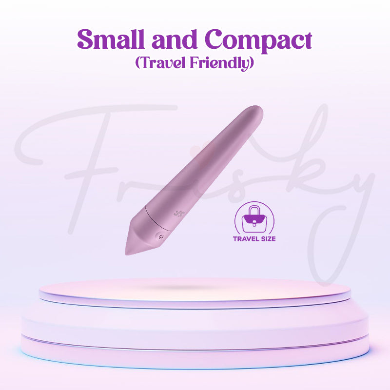 Lightweight lilac Satisfyer Bullet 8 shown lying down, emphasizing portable and travel-friendly size.