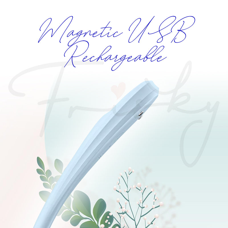 Close-up of Satisfyer Smooth Petal with magnetic USB charging feature emphasized on pastel background.