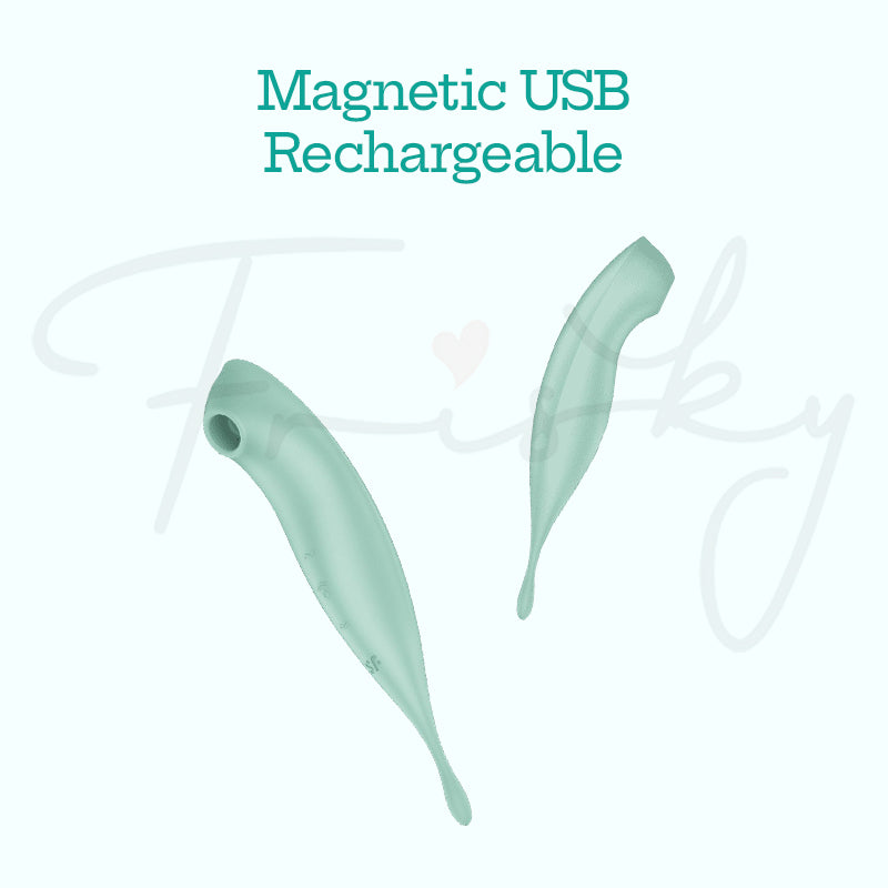 Twirling Pro+ vibrator displayed with magnetic USB rechargeable feature highlighted in clean layout