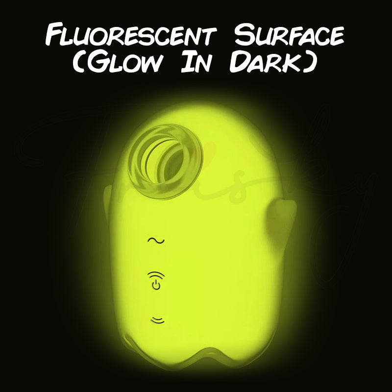 Satisfyer Glowing Ghost neon vibrator glowing in the dark with smooth fluorescent surface.