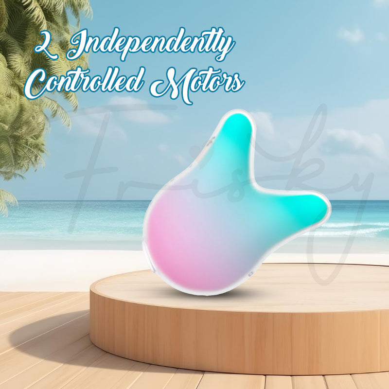 Mermaid Vibes pastel vibrator standing upright on wood surface with tropical beach background.