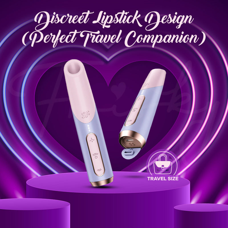 Satisfyer Bold Kiss displayed in holder, highlighting discreet lipstick-inspired compact style.