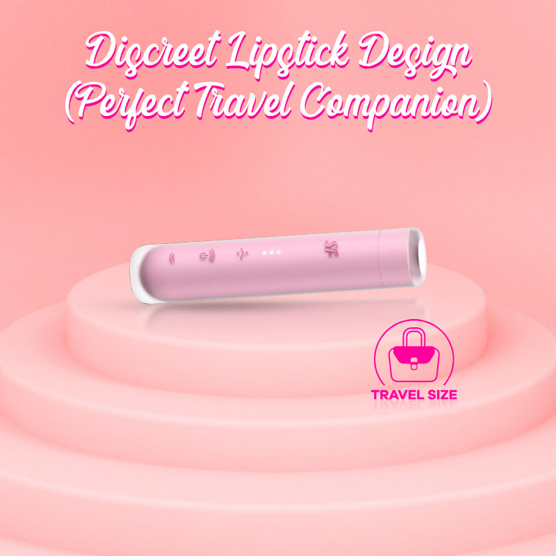 Satisfyer First Kiss placed in circular pink holder, resembling discreet lipstick-style design.