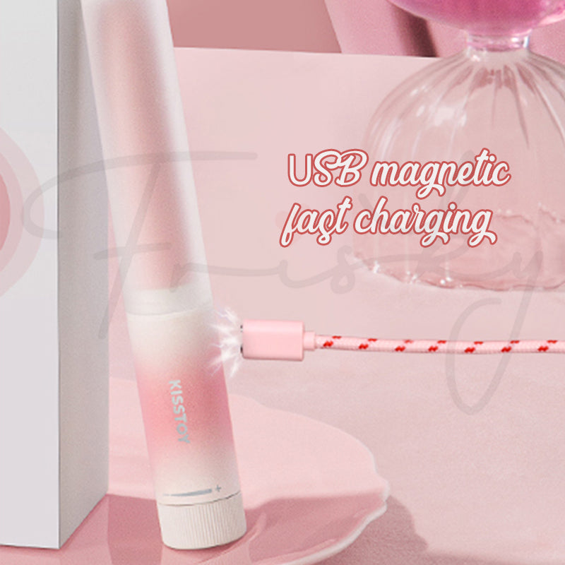 Pop Cherry vibrator connected to magnetic USB charging cable, emphasizing fast rechargeable battery.