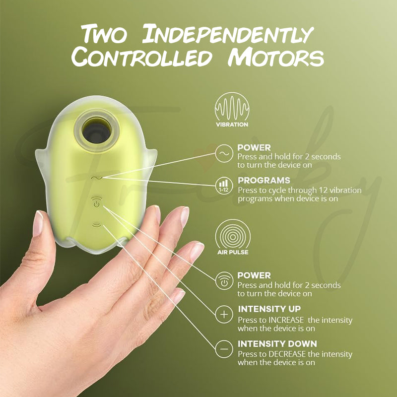 Glowing Ghost vibrator shown in hand, emphasizing two independently controlled powerful motors.