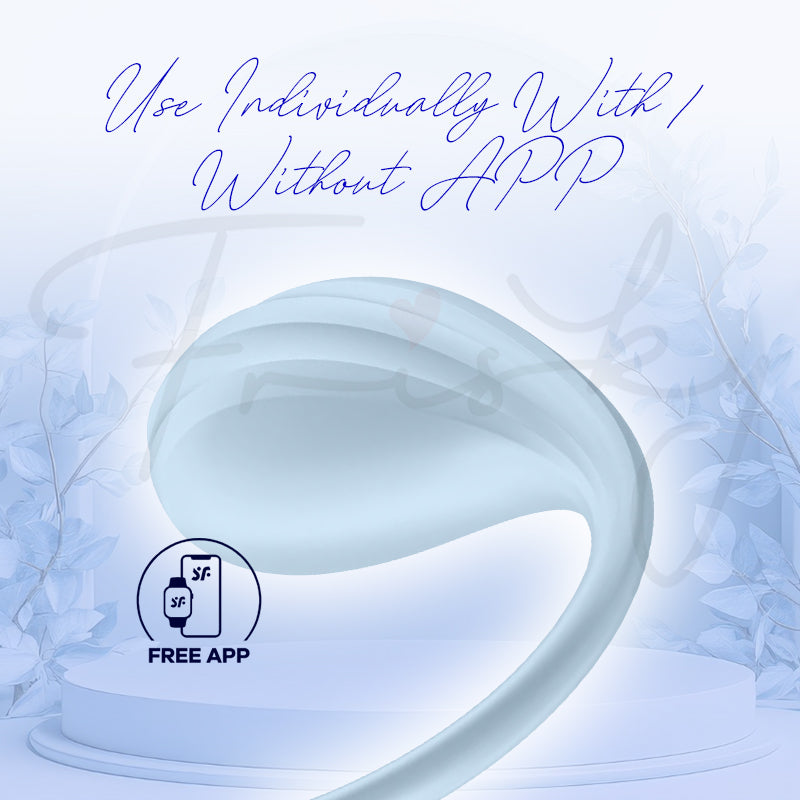 Satisfyer Smooth Petal shown with app logo, emphasizing interactive smartphone control compatibility.