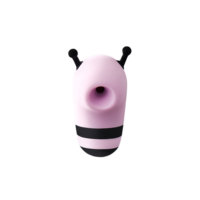 Front view of the bee stimulator showing its suction opening, black antennae and striped body
