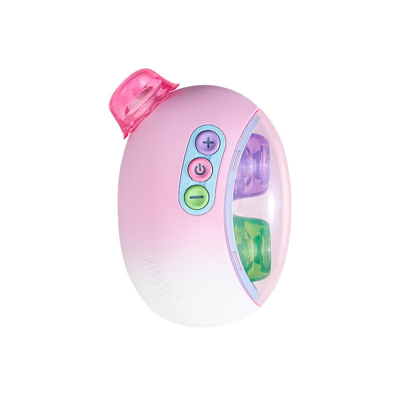KISSTOY Kiss Sugar Air Plus dual-tip suction vibrator shown from the side with interchangeable purple and green tips