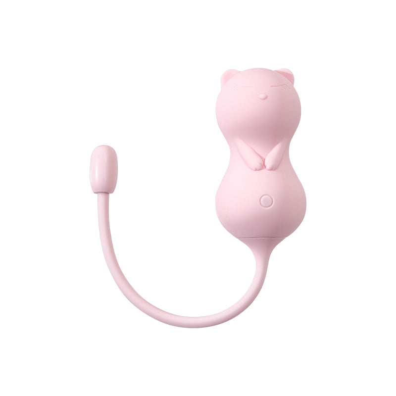 Pink cat-shaped egg vibrator on its cord, photographed on a plain white background