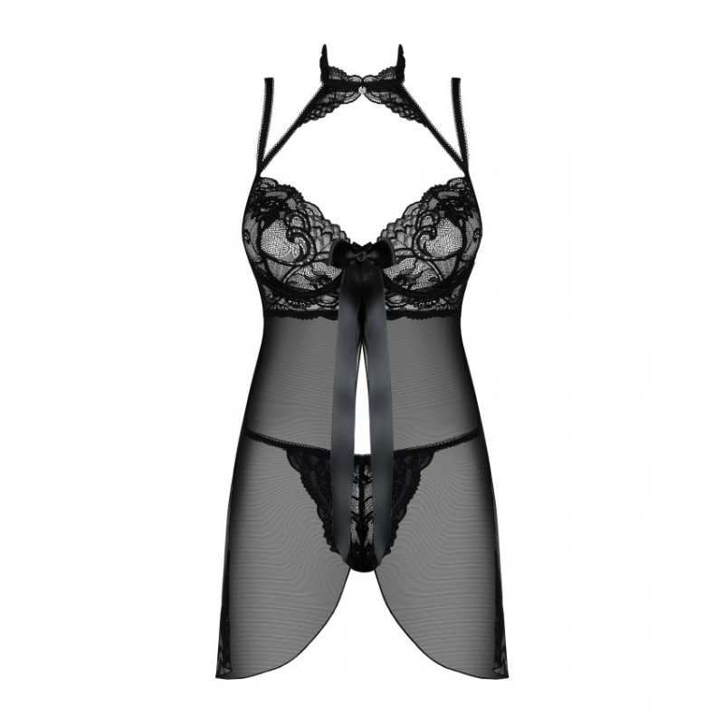 Babydoll - 2 Pcs Black Sheer Open Back Lady Sleepwear with Lace Embroidery