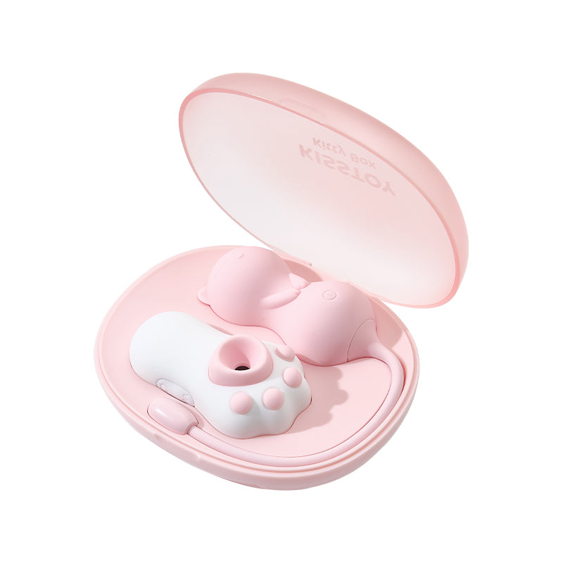 Pink clamshell case with paw suction unit and egg vibrator inside, shown from another angle