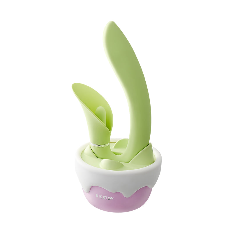 Green leaf wand standing upright in its pink and white flower-pot base
