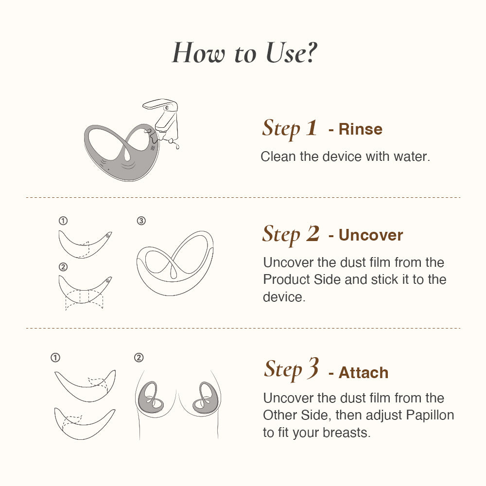 Step-by-step illustrated guide showing how to wear, adjust, and activate the Osuga Papillon nipple vibrator.