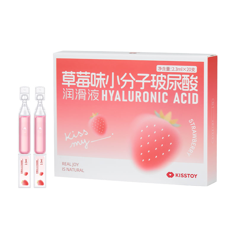 Pink strawberry-flavour Kisstoy hyaluronic acid lube box with pink vials on a white background
