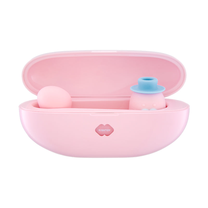 KISSTOY pink storage case shown open with the vibrator and accessories inside.