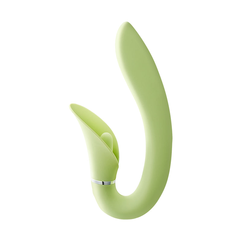 Green curved leaf wand shown from an alternate angle against a plain white background