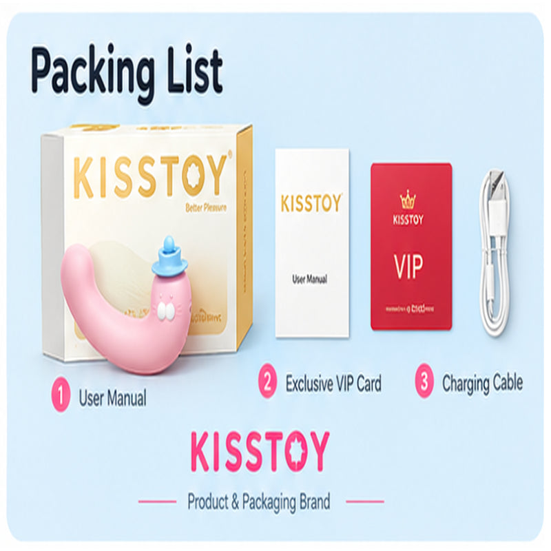 KISSTOY packing list graphic showing the vibrator, storage case, charging cable, and included accessories.