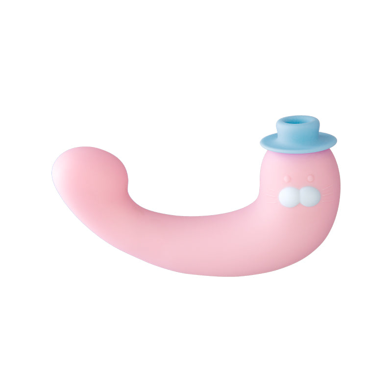KISSTOY pink curved vibrator showing the rounded stimulation tip and blue control button.