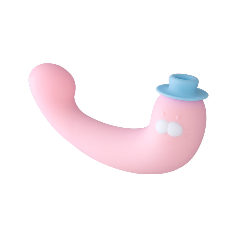 KISSTOY pink curved vibrator angled to show its ergonomic design and blue control button.