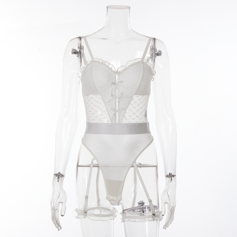 Teddy - 1 Pc White Lace Sexy Female Lingerie with Ruffled Straps and Leg Garter