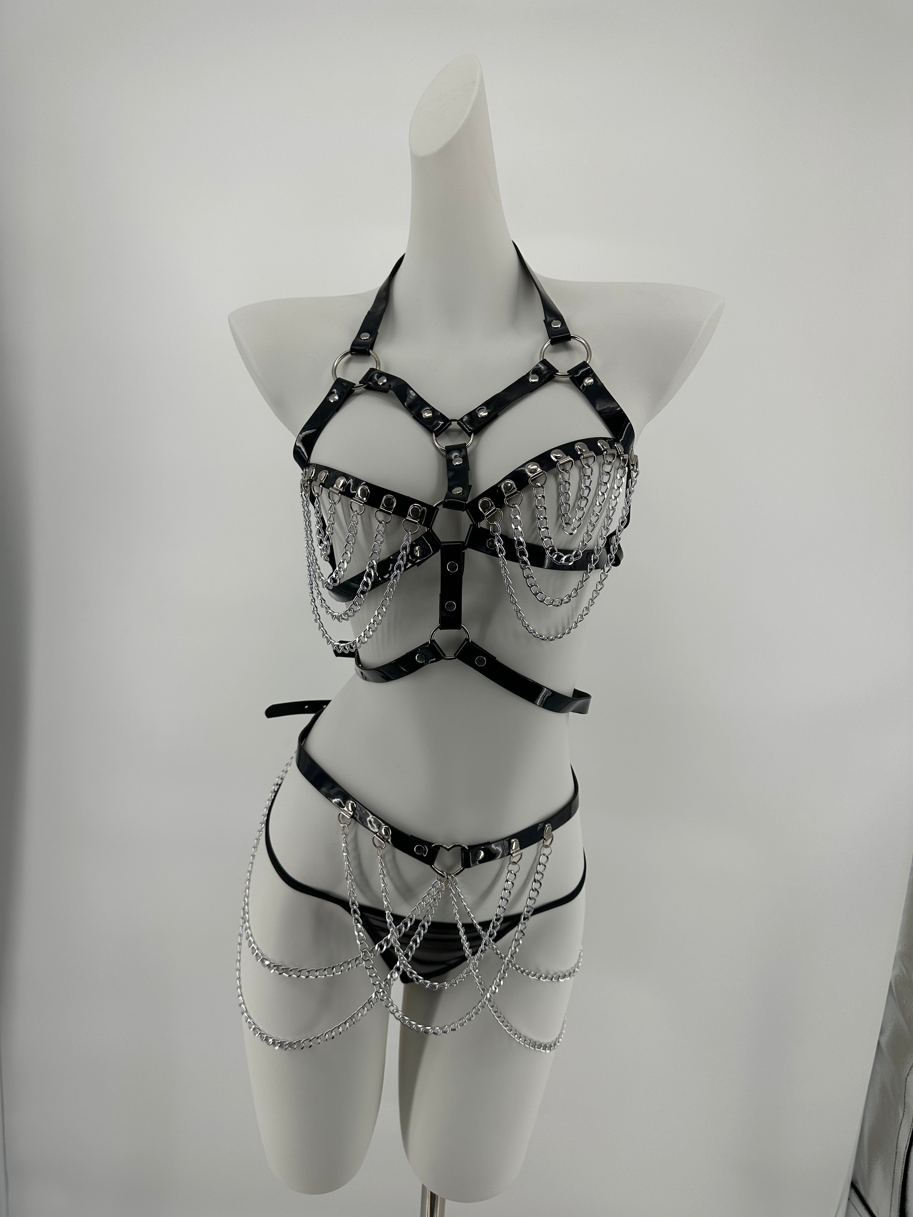 BDSM - 3 Pcs Black Leather Harness with Sexy Chains