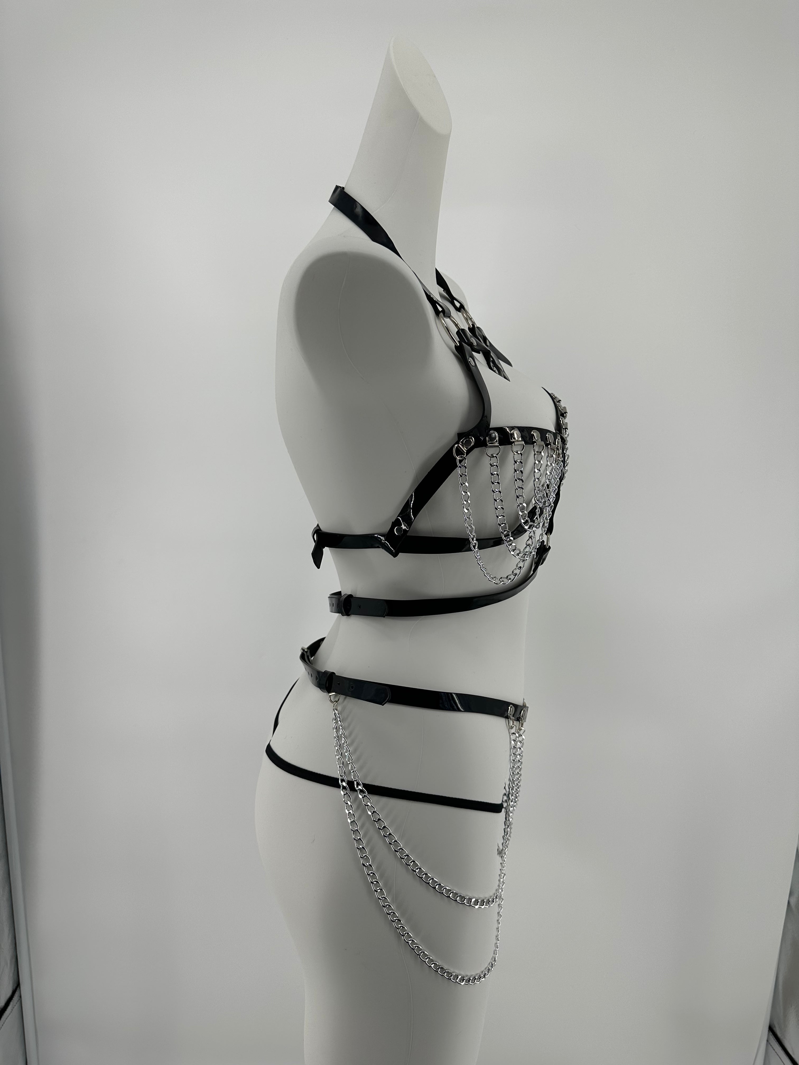 BDSM - 3 Pcs Black Leather Harness with Sexy Chains