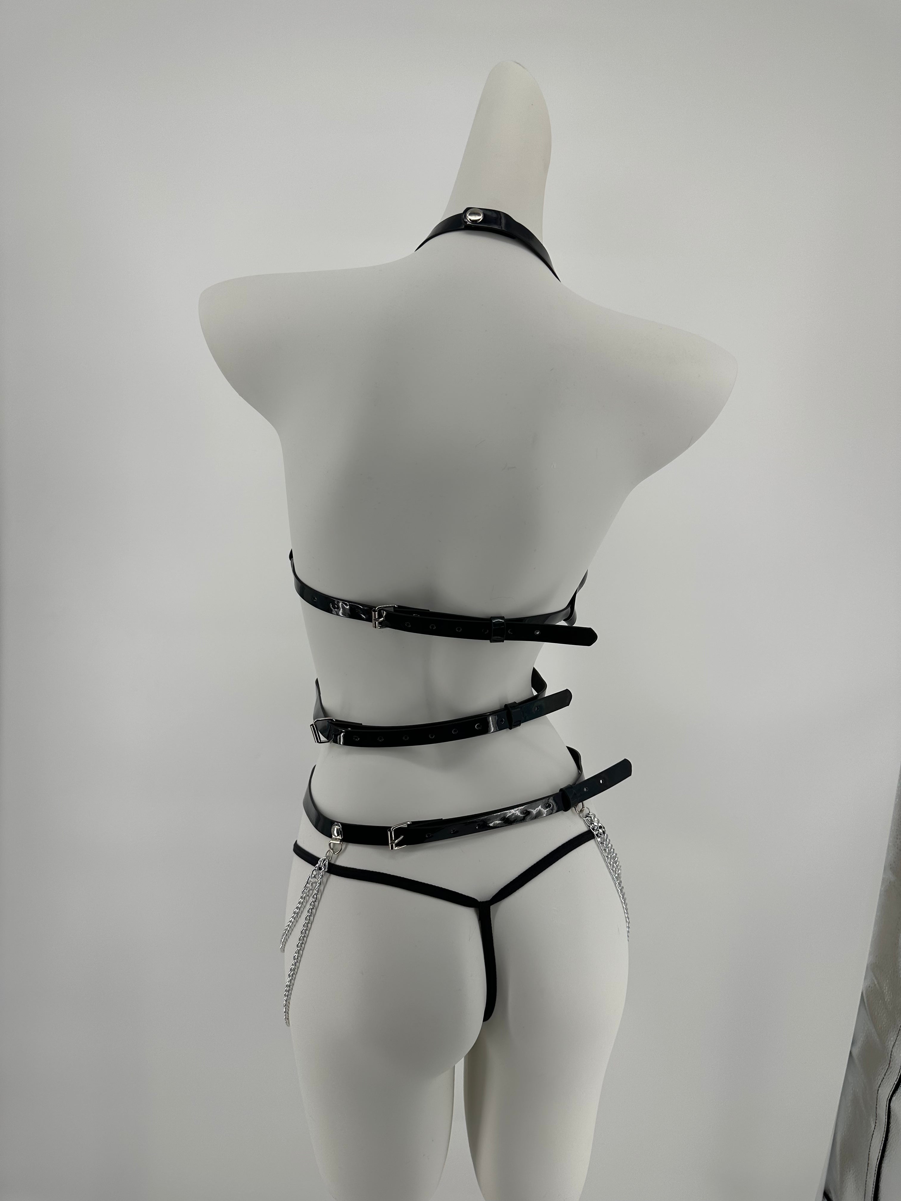 BDSM - 3 Pcs Black Leather Harness with Sexy Chains