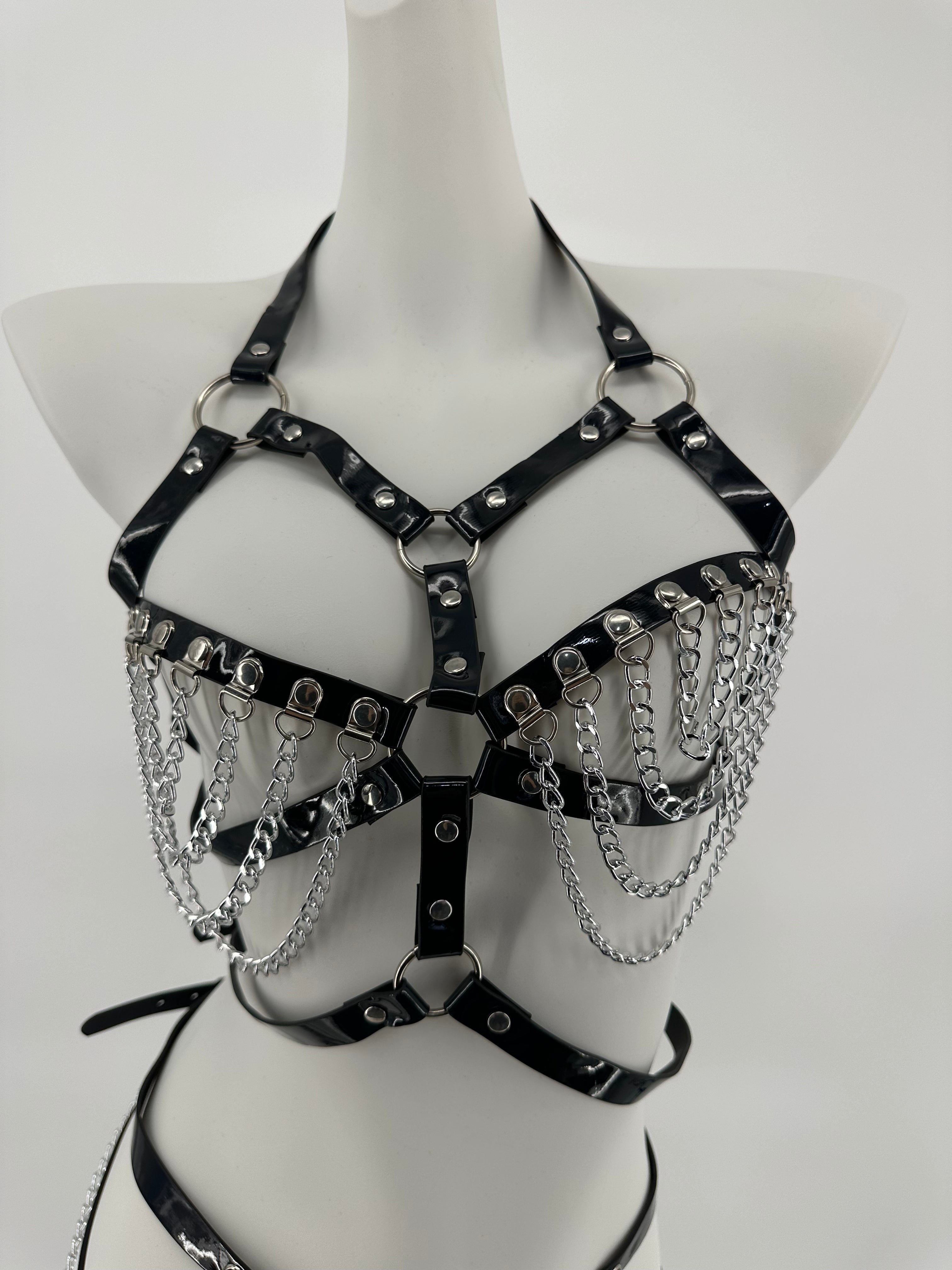 BDSM - 3 Pcs Black Leather Harness with Sexy Chains