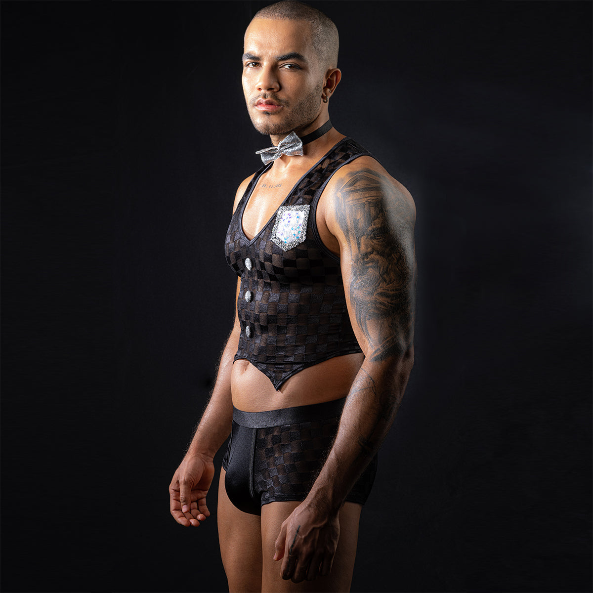 Gentsuit - 3 Pcs Checker Designed Male Waiter Costume with Boxer and Sexy Neck Collar