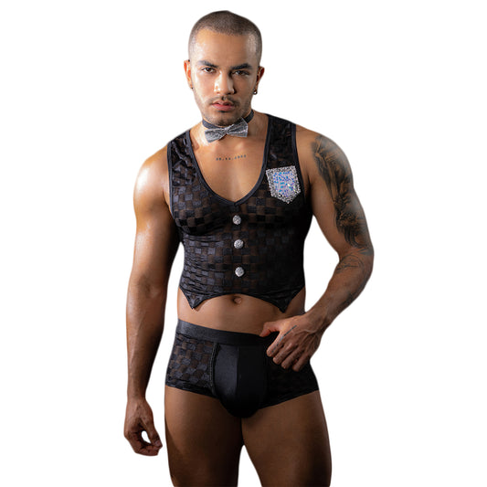 Gentsuit - 3 Pcs Checker Designed Male Waiter Costume with Boxer and Sexy Neck Collar