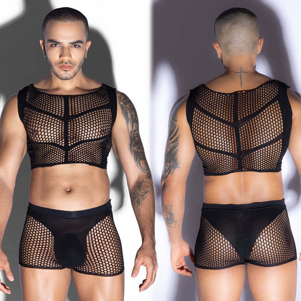 Gentsuit - 2 Pcs Men Black Nylon Fishnet Bodystocking Sleepwear